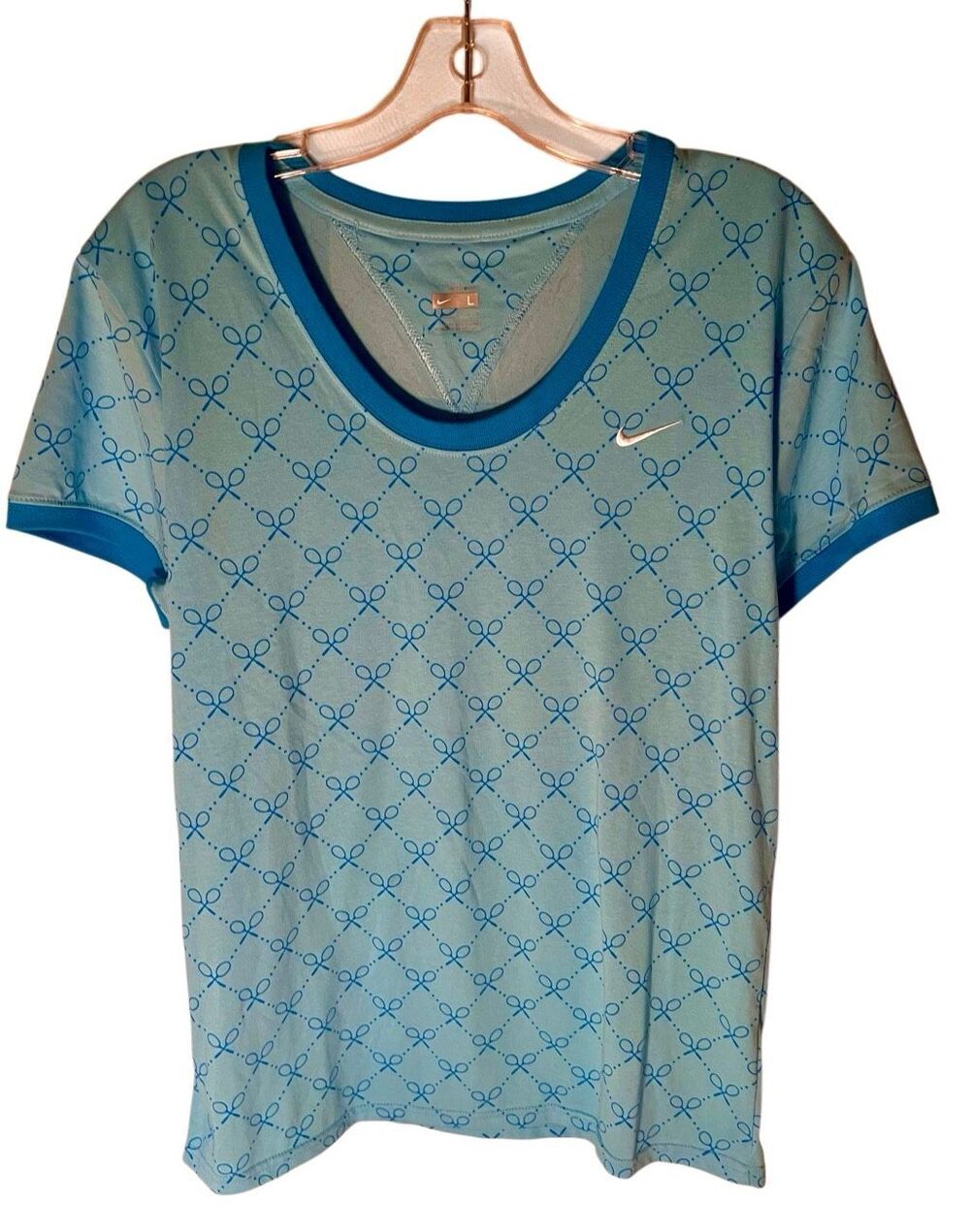 Nike Court Vintage Womens Tennis Racket All Over Print Shirt Blue Large V-Neck